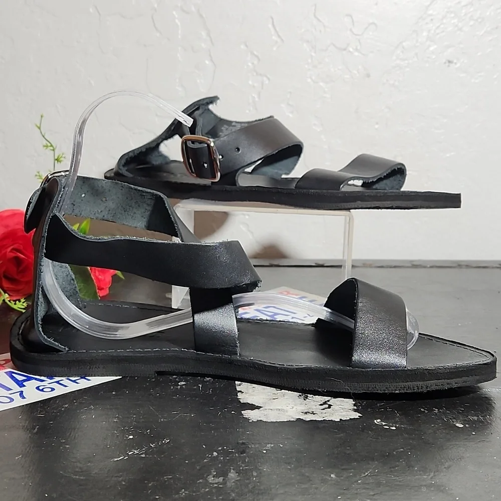 BRAVE SOLES The Jasmine Black Leather Upper Tire Soles Sandals 10